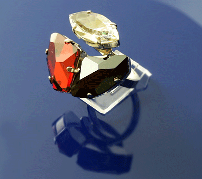 3-Stein Glamour Ring, Lava - Rot, Schwarz, Crystal